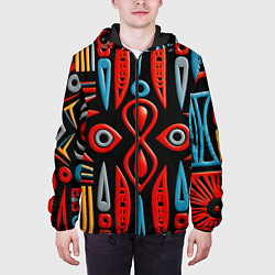 Куртка с капюшоном мужская Красно-синий узор в африканском стиле, цвет: 3D-черный — фото 2