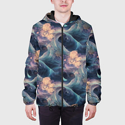 Куртка с капюшоном мужская Волнообразная фрактальная абстракция, цвет: 3D-черный — фото 2