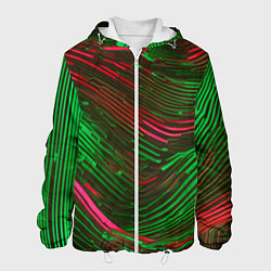 Куртка с капюшоном мужская Волнистые линии зелёные и красные, цвет: 3D-белый