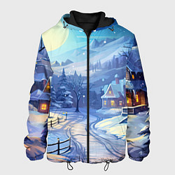 Куртка с капюшоном мужская Зимняя новогодняя деревня, цвет: 3D-черный