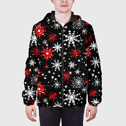 Куртка с капюшоном мужская Белые и красные снежинки на черном фоне - нейросет, цвет: 3D-черный — фото 2