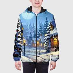 Куртка с капюшоном мужская Новогодний зимний городок, цвет: 3D-черный — фото 2