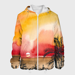 Куртка с капюшоном мужская Тропический закат акварель, цвет: 3D-белый