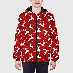 Куртка с капюшоном мужская Красный паттерн с новогодними оленями, цвет: 3D-черный — фото 2