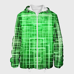 Куртка с капюшоном мужская Зелёные неоновые полосы киберпанк, цвет: 3D-белый