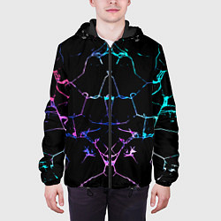 Куртка с капюшоном мужская Неоновые трещины узоры, цвет: 3D-черный — фото 2
