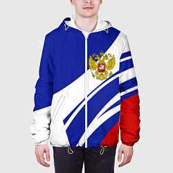 Куртка с капюшоном мужская Герб России на абстрактных полосах, цвет: 3D-белый — фото 2