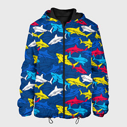 Куртка с капюшоном мужская Разноцветные акулы на глубине, цвет: 3D-черный