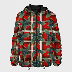 Куртка с капюшоном мужская Листья остролиста на красной шотландке, цвет: 3D-черный