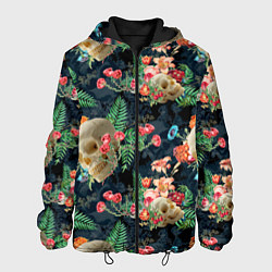 Куртка с капюшоном мужская Узор из черепов с цветами и листьями, цвет: 3D-черный