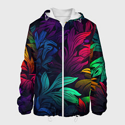Куртка с капюшоном мужская Яркие абстрактные листья, цвет: 3D-белый
