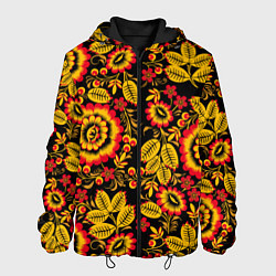 Куртка с капюшоном мужская Хохломская роспись золотистые листья и цветы чёрно, цвет: 3D-черный
