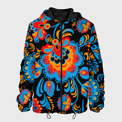 Куртка с капюшоном мужская Хохломская роспись разноцветные цветы на чёроном ф, цвет: 3D-черный