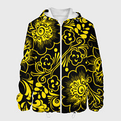 Куртка с капюшоном мужская Хохломская роспись золотые цветы на чёроном фоне, цвет: 3D-белый