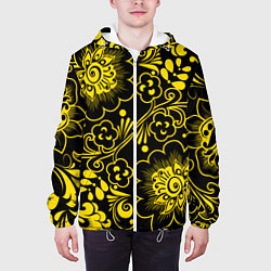 Куртка с капюшоном мужская Хохломская роспись золотые цветы на чёроном фоне, цвет: 3D-белый — фото 2
