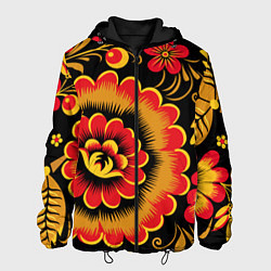 Мужская куртка Хохломская роспись красно-жёлтые цветы на чёрном ф