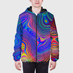Куртка с капюшоном мужская Яркая абстракция волнистых линий, цвет: 3D-черный — фото 2