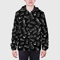 Куртка с капюшоном мужская Много шахматных фигур на черном паттерне, цвет: 3D-черный — фото 2