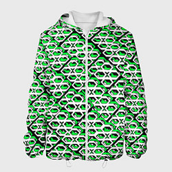 Куртка с капюшоном мужская Зелёно-белый узор на чёрном фоне, цвет: 3D-белый