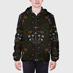 Куртка с капюшоном мужская Волшебный лес, грибы, улитки и мотыльки - паттерн, цвет: 3D-черный — фото 2