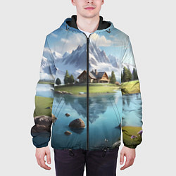 Куртка с капюшоном мужская Чудесный день на берегу озера в горах, цвет: 3D-черный — фото 2