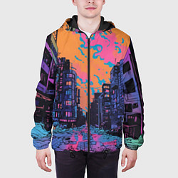 Куртка с капюшоном мужская Киберпанк город в стиле комиксов, цвет: 3D-черный — фото 2