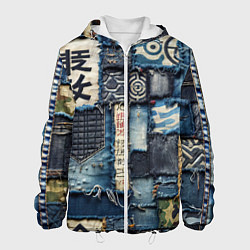 Куртка с капюшоном мужская Иероглифы на пэчворк дениме, цвет: 3D-белый