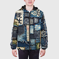 Куртка с капюшоном мужская Иероглифы на пэчворк дениме, цвет: 3D-черный — фото 2