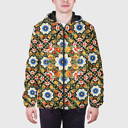 Куртка с капюшоном мужская Русские цветочные узоры красно-желтые, цвет: 3D-черный — фото 2