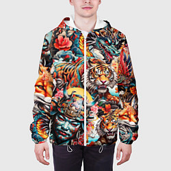 Куртка с капюшоном мужская Японская татуировка дракона тигра и самурая, цвет: 3D-белый — фото 2