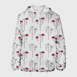 Куртка с капюшоном мужская Паттерн с веточками розовых цветов на сером, цвет: 3D-белый