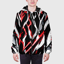 Куртка с капюшоном мужская Красно-белые агрессивные полосы на чёрном фоне, цвет: 3D-черный — фото 2
