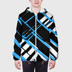 Куртка с капюшоном мужская Сине-белые линии на чёрном фоне, цвет: 3D-белый — фото 2