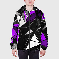 Куртка с капюшоном мужская Фиолетово-белые рельефные треугольники на чёрном ф, цвет: 3D-черный — фото 2