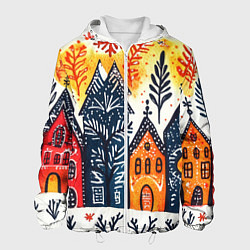 Куртка с капюшоном мужская Разноцветные новогодние дома, цвет: 3D-белый