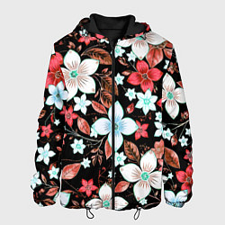 Мужская куртка Красно-белые цветы на чёрном фоне