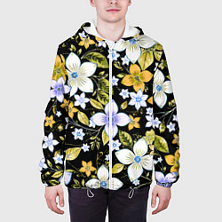 Куртка с капюшоном мужская Жёлто-белые цветы на чёрном фоне, цвет: 3D-белый — фото 2
