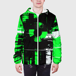 Куртка с капюшоном мужская Зелёно-белый гранж на чёрном фоне, цвет: 3D-белый — фото 2