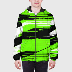 Куртка с капюшоном мужская Горизонтальные чёрно-белые линии на зелёном фоне, цвет: 3D-черный — фото 2
