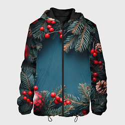 Куртка с капюшоном мужская Новогодний фон и рябина, цвет: 3D-черный