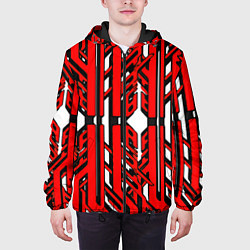 Куртка с капюшоном мужская Чёрно-красные техно полосы на белом фоне, цвет: 3D-черный — фото 2