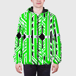 Куртка с капюшоном мужская Бело-зелёные техно полосы на чёрном фоне, цвет: 3D-черный — фото 2