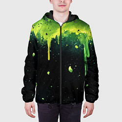 Куртка с капюшоном мужская Зеленая стекающая краска по черному фону, цвет: 3D-черный — фото 2