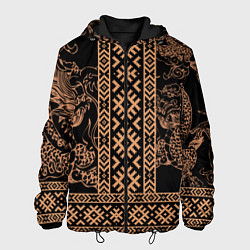 Куртка с капюшоном мужская Золотой дракон с узорами славянскими, цвет: 3D-черный