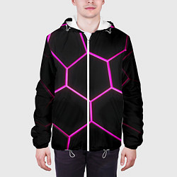 Куртка с капюшоном мужская Черные соты с фиолетовым неоном, цвет: 3D-белый — фото 2
