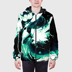 Куртка с капюшоном мужская Чёрно-зелёный абстракция волна, цвет: 3D-черный — фото 2