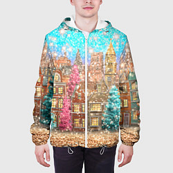 Куртка с капюшоном мужская Новогодний город в блестках, цвет: 3D-белый — фото 2