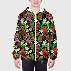 Куртка с капюшоном мужская Попугаи в цветах, цвет: 3D-белый — фото 2