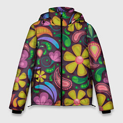 Куртка зимняя мужская Летние цветы узор на темном, цвет: 3D-черный