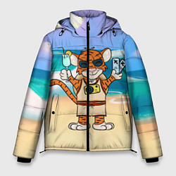 Куртка зимняя мужская Тигр в отпуске на новый год на море, цвет: 3D-светло-серый